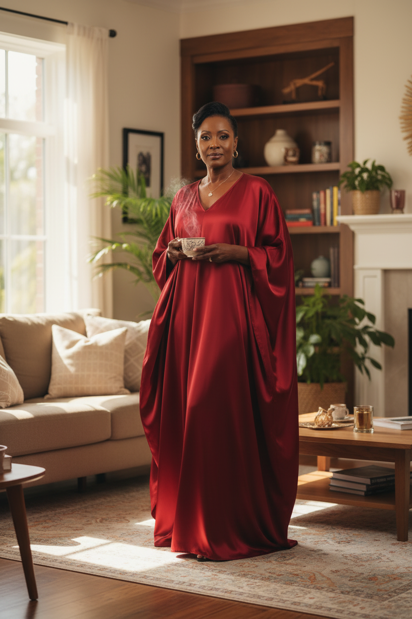 Middle-aged African American woman wearing a red satin kaftan robe in a lifestyle home setting