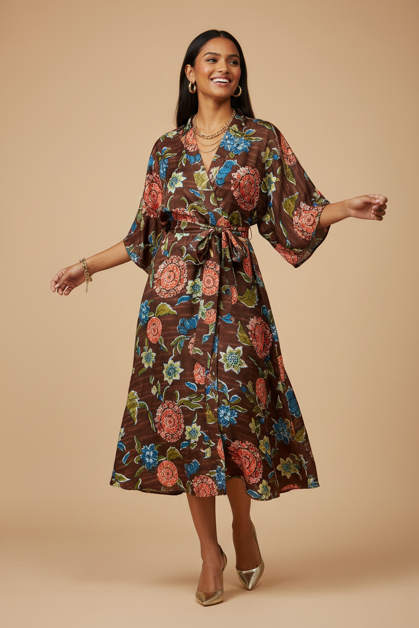 Woman wearing a flowing belted kimono dress made from brown floral print charmeuse satin fabric