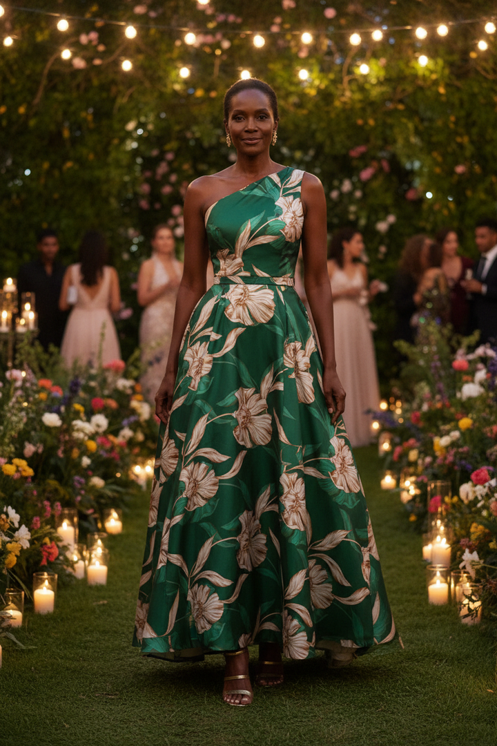 Elegant middle-aged African American woman wearing a floor-length emerald green satin botanical floral gown at an outdoor evening garden party with string lights