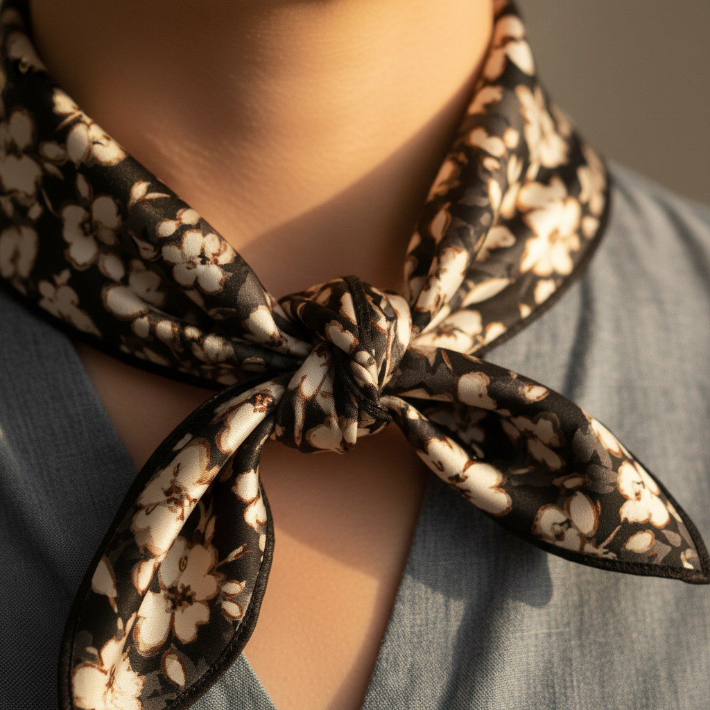 Close-up of a wild rag tied in a knot in small floral charmeuse satin fabric