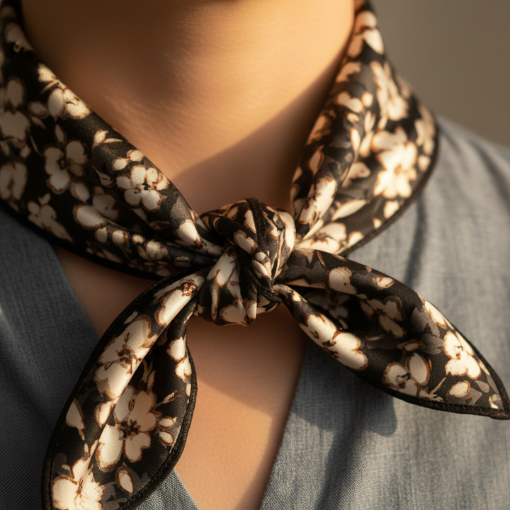 Close-up of a wild rag tied in a knot in small floral charmeuse satin fabric