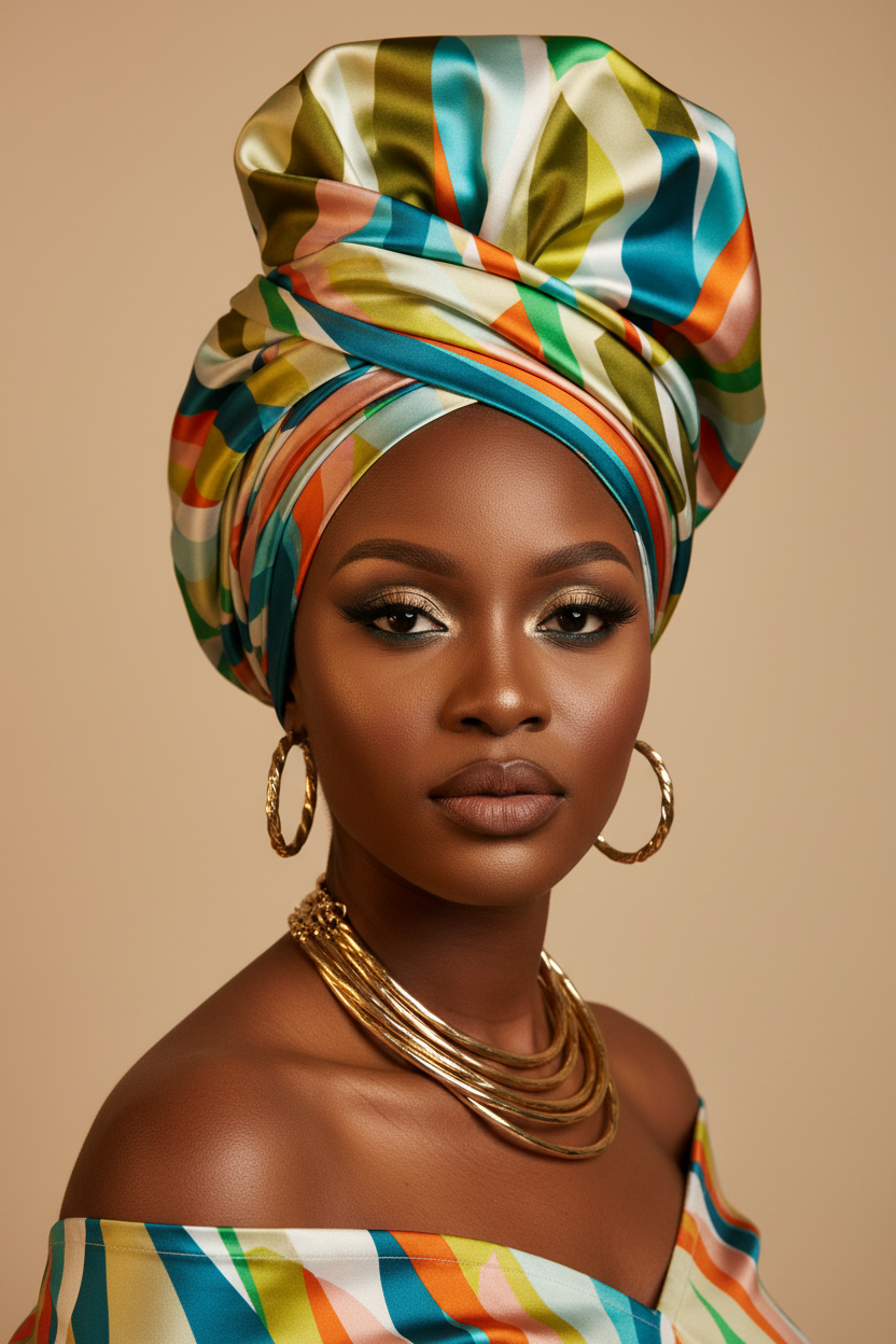 African model wearing a regal colorful geometric print faux silk charmeuse satin gele head wrap