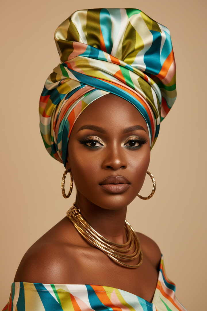 African model wearing a regal colorful geometric print faux silk charmeuse satin gele head wrap