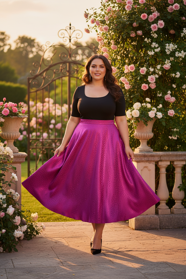 Fancy mid-calf party skirt in small animal jacquard satin on a plus size model in an outdoor golden hour setting