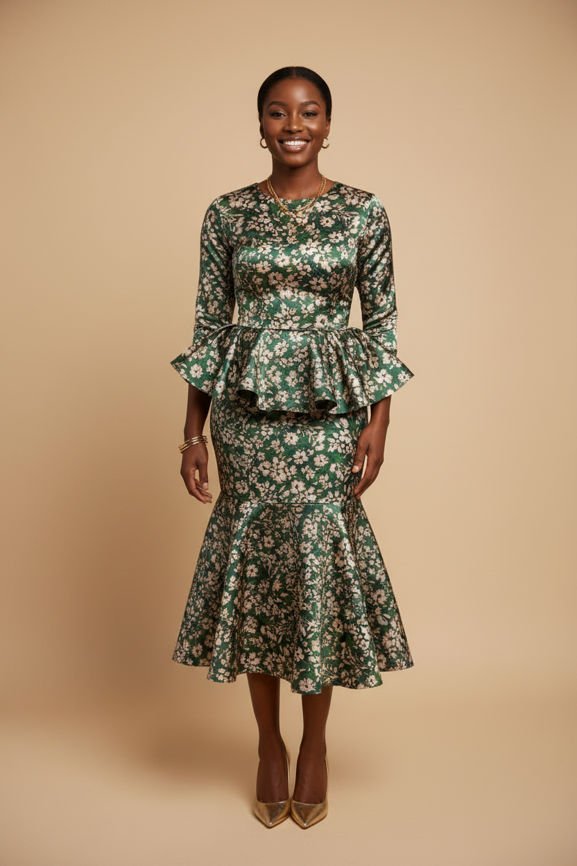 Young African American woman wearing an Ankara-style peplum dress made from green floral print charmeuse satin fabric