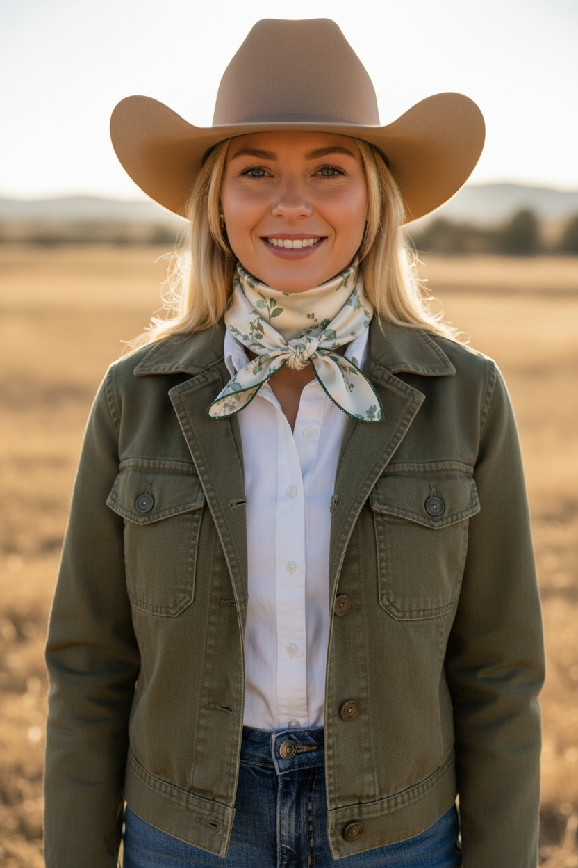 Full face portrait of blonde model in cowboy hat wearing green floral satin wildrag neckerchief with dark green thread hem, western outdoor setting