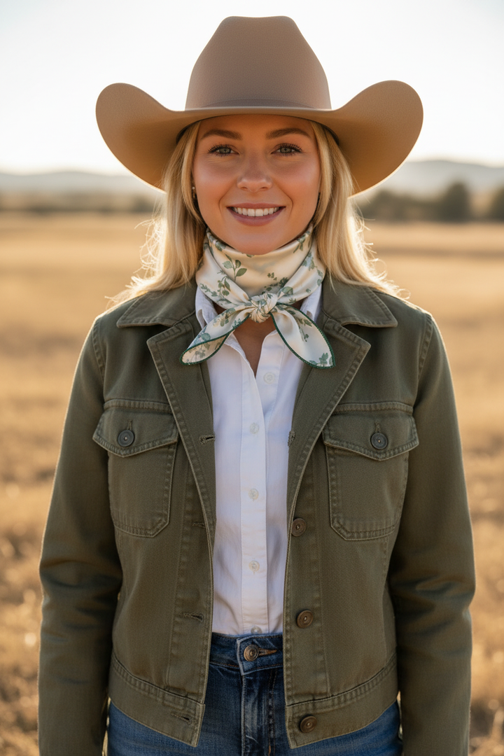 Full face portrait of blonde model in cowboy hat wearing green floral satin wildrag neckerchief with dark green thread hem, western outdoor setting