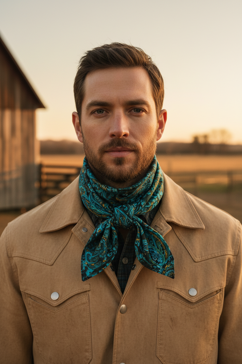 Teal paisley wildrag tied in a square knot, worn by male model at golden hour farm setting