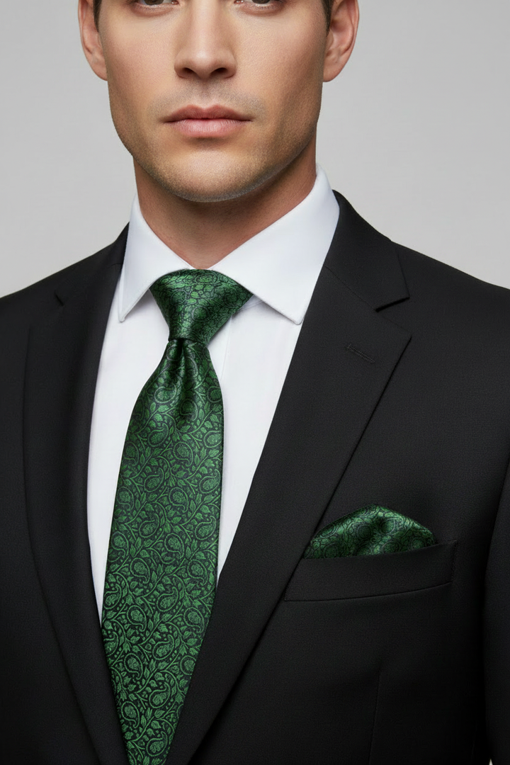 Male model wearing a matching black and green paisley satin necktie and pocket square set