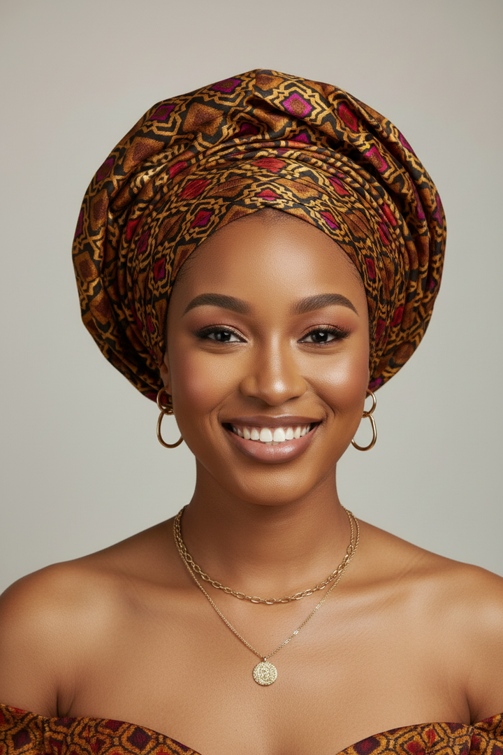 Young African woman wearing an ichafu head wrap made from golden geometric squares charmeuse satin fabric