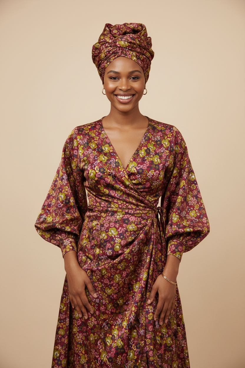 Young African woman wearing an African-style wrap dress made from burgundy and green floral charmeuse satin fabric