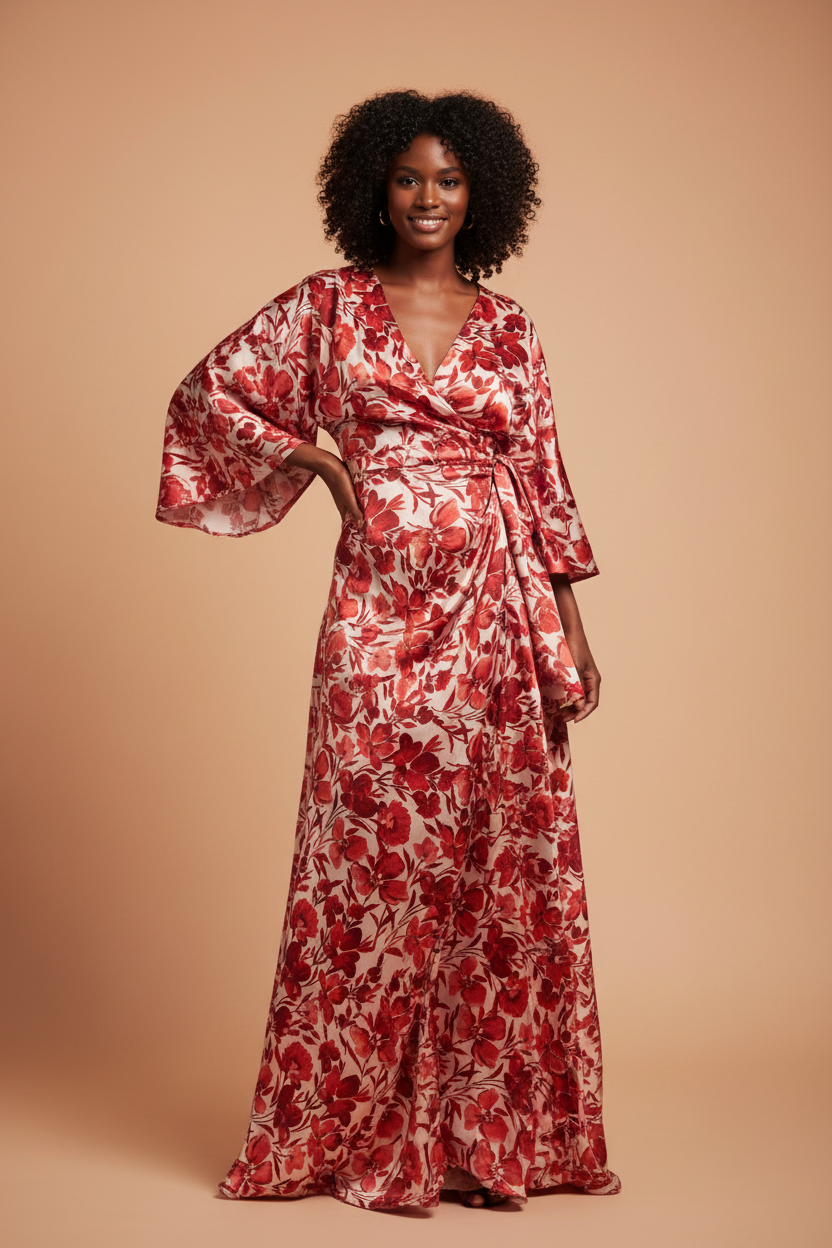 Young African American woman wearing an African-style wrap dress made from red and off-white floral charmeuse satin fabric