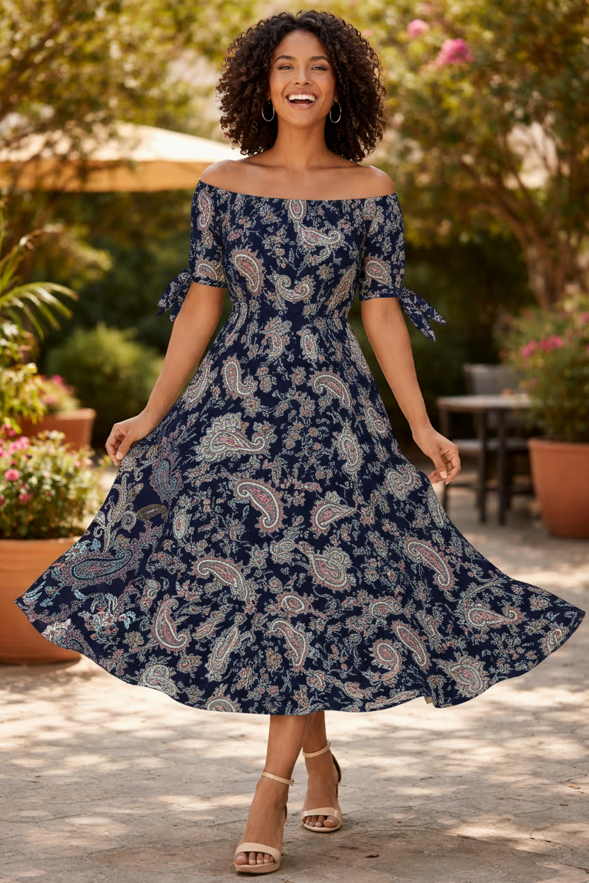 Navy blue paisley print dress with 12 inch repeat tile