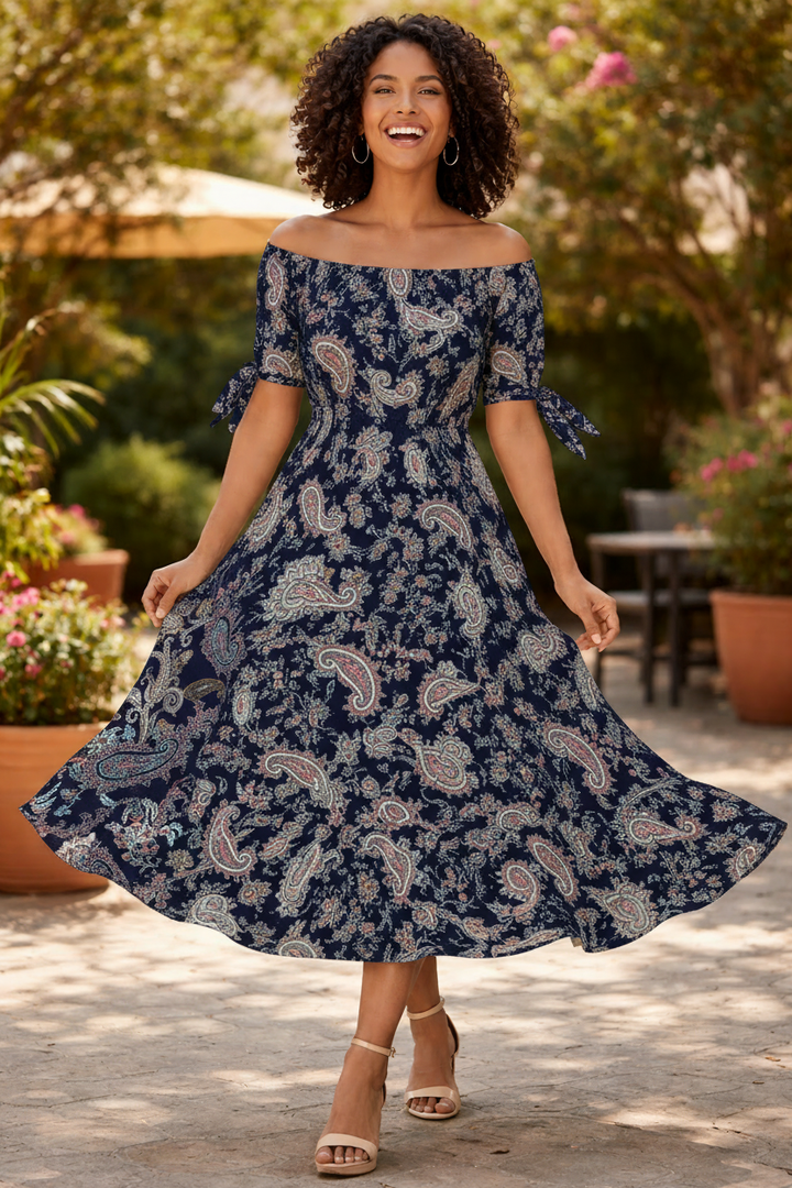 Navy blue paisley print dress with 12 inch repeat tile
