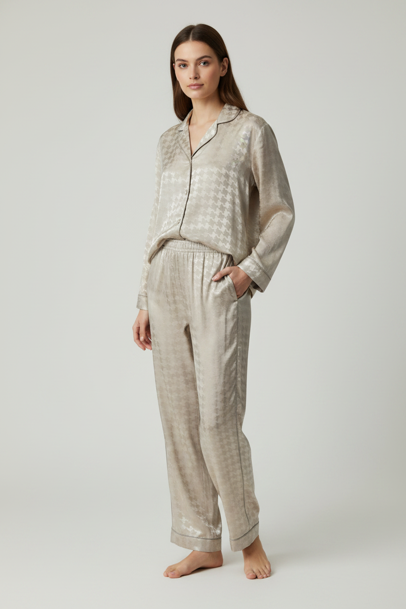 Model wearing stone houndstooth silky jacquard satin pajama set