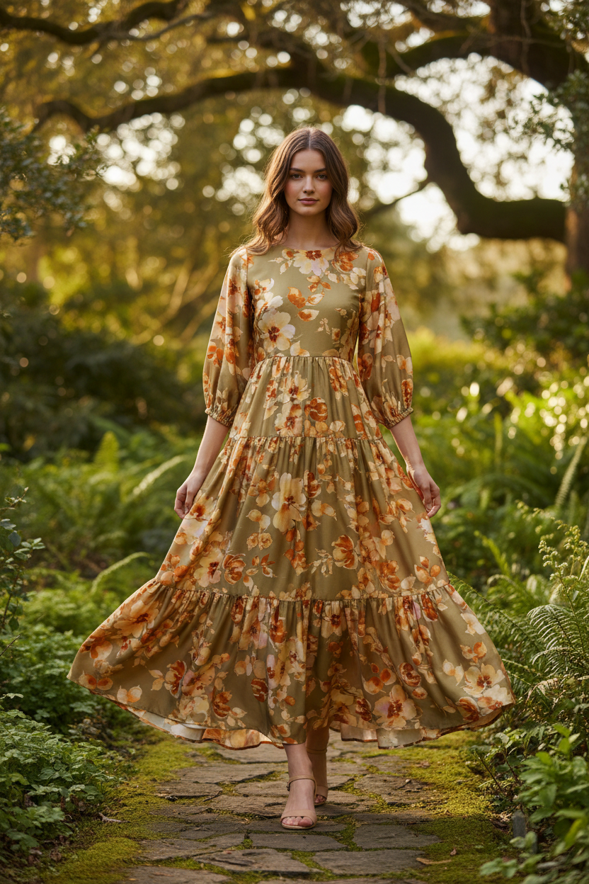 Flowing dress made from bronzed mustard floral satin dobby fabric in an outdoor setting