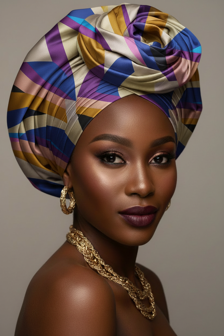 African model wearing a rose-fold head wrap in colorful geometric print faux silk charmeuse satin with gold jewelry