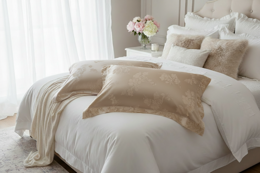 Taupe floral jacquard satin pillowcases styled on a soft opulent feminine bedroom