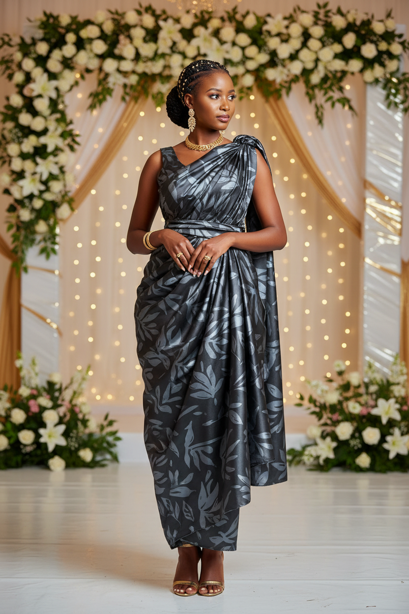 African model wearing a Rwandan Mushanana dress in dark black leaves two-toned print faux silk charmeuse satin at a wedding scene