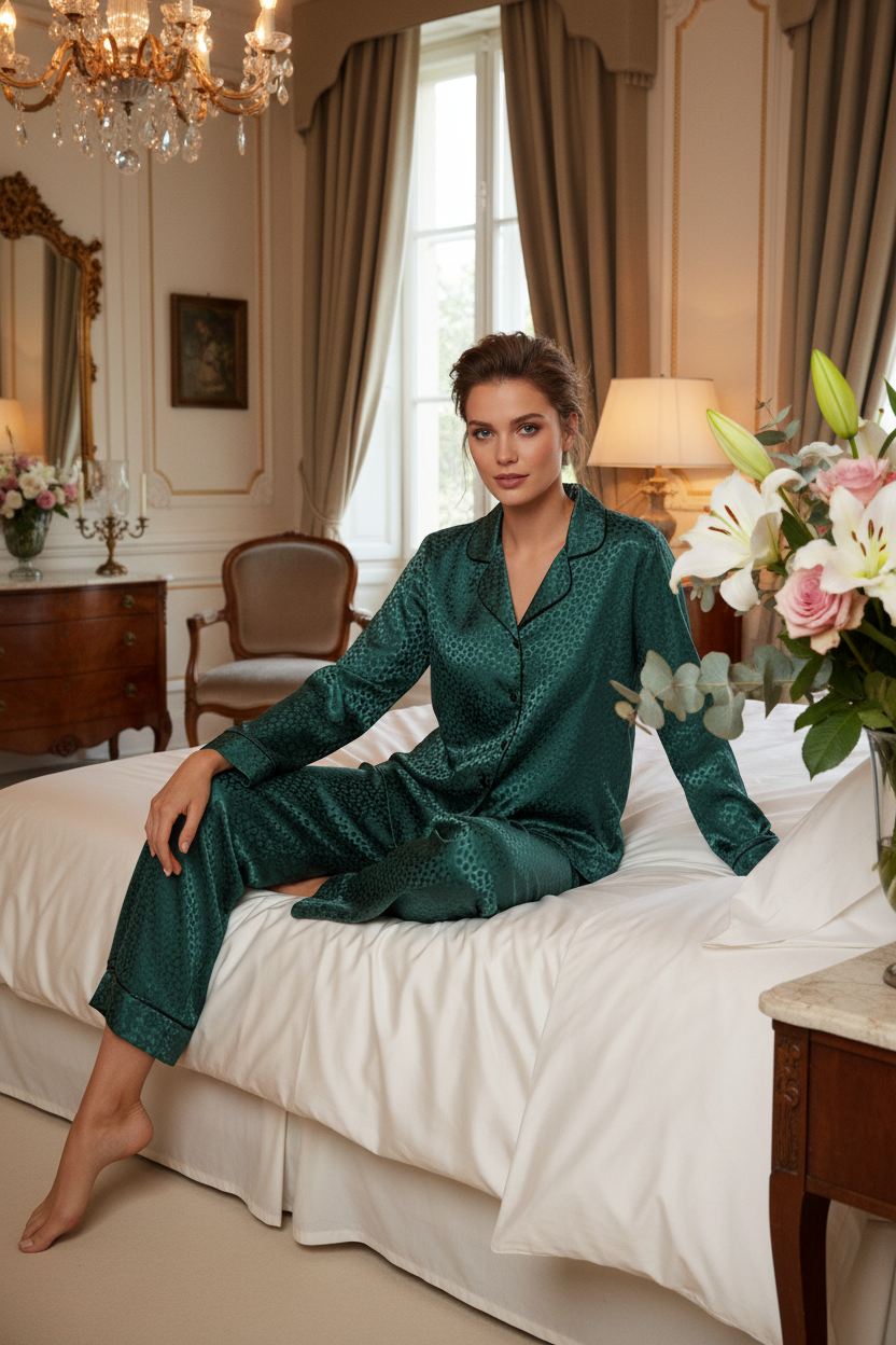 Fancy collared button-down pajama set in hunter green small animal jacquard satin styled in an elegant bedroom