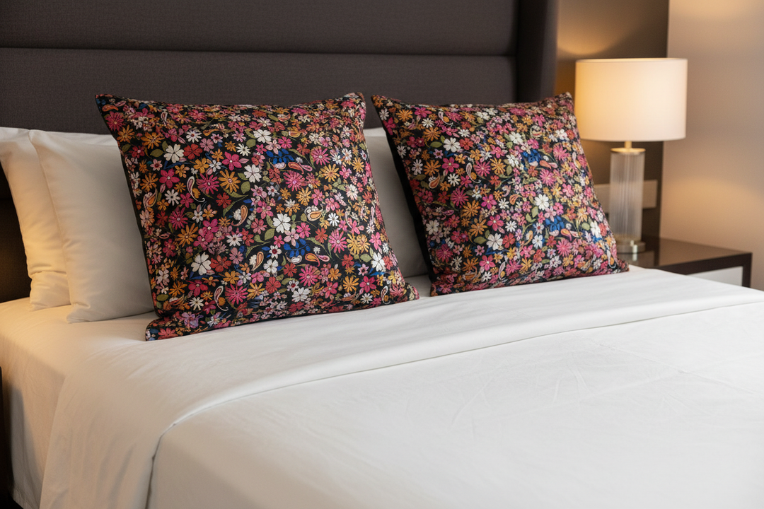 Set of 2 pillowcases in black and pink multicolor paisley floral charmeuse satin styled on a bed
