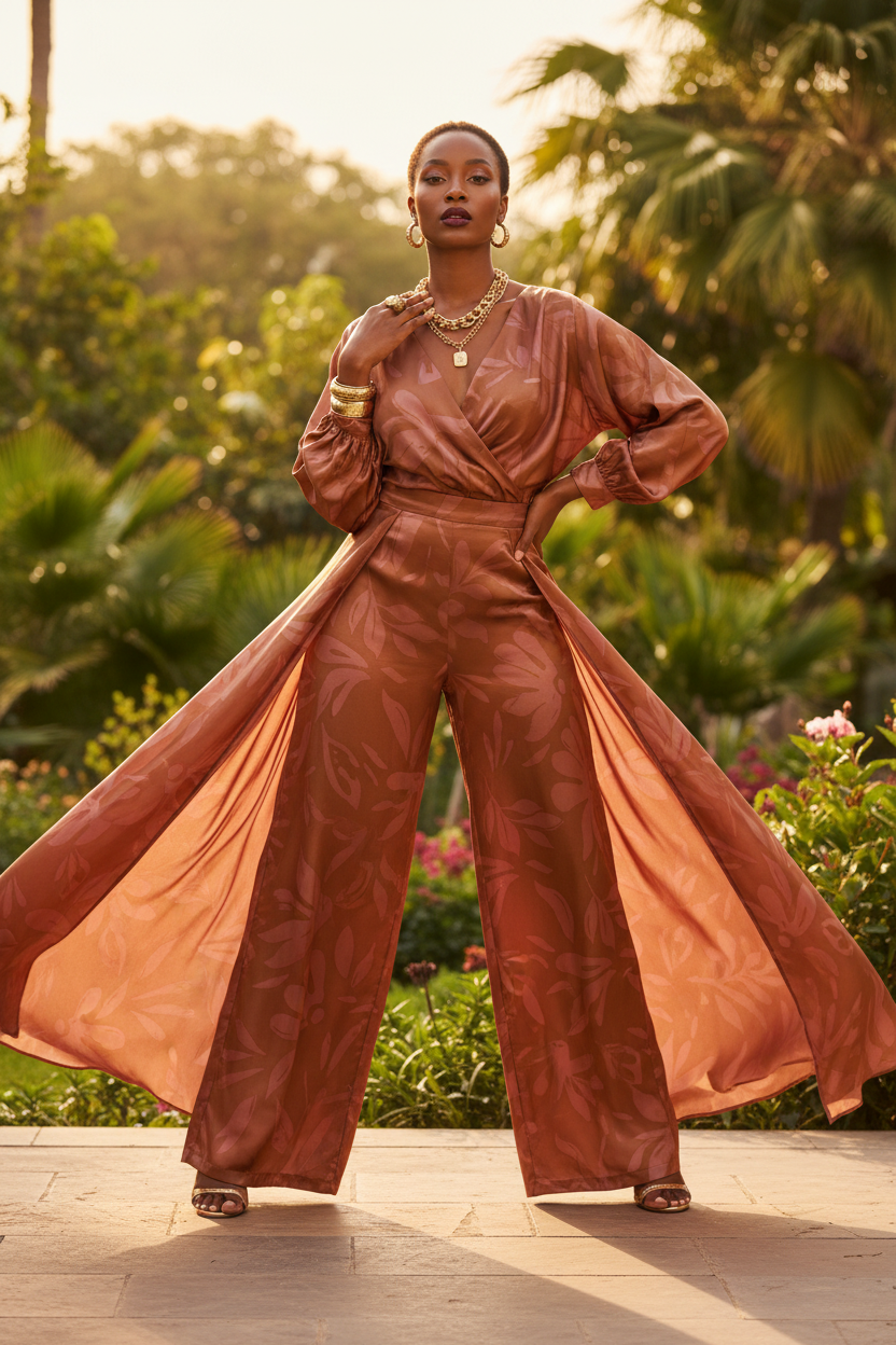 African model wearing a flowing palazzo set in leaves two-toned print faux silk charmeuse satin in an outdoor setting