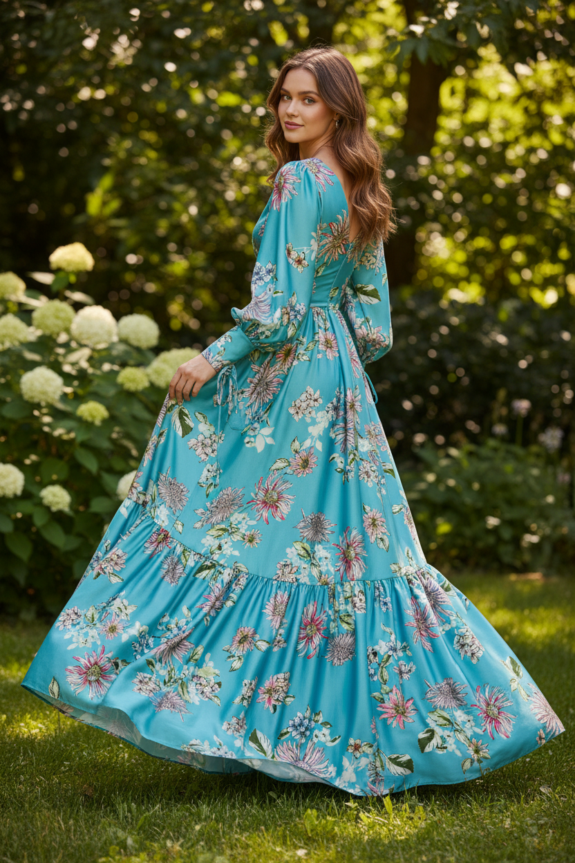 Flowing dress made from pink and white with blue tones floral satin fabric in an outdoor setting
