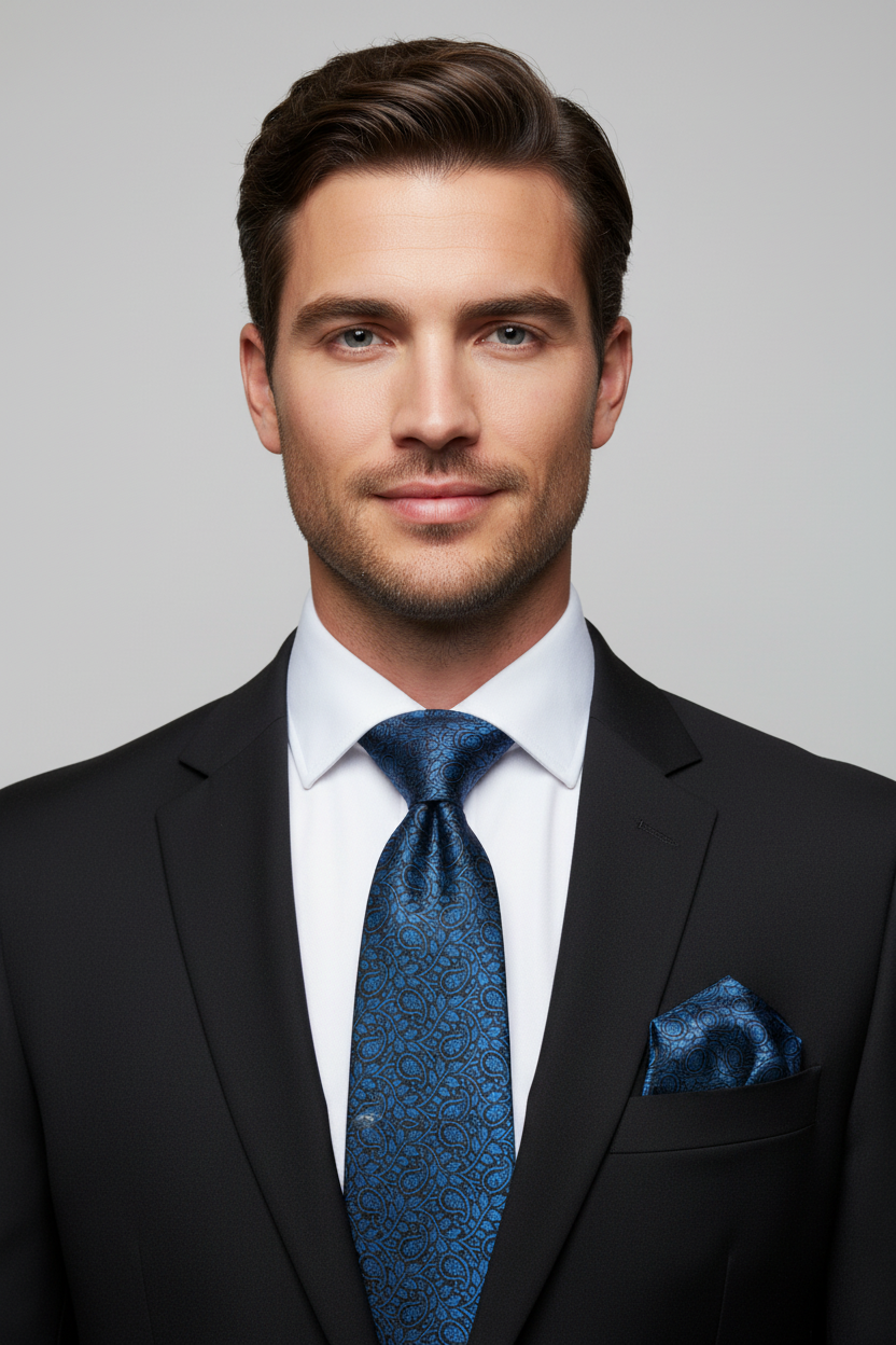 Male model wearing a matching black and blue paisley satin necktie and pocket square set