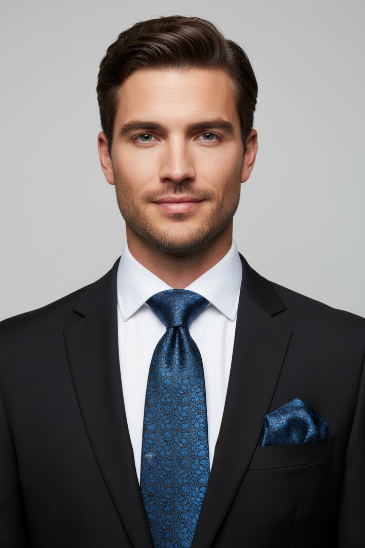 Male model wearing a matching black and blue paisley satin necktie and pocket square set