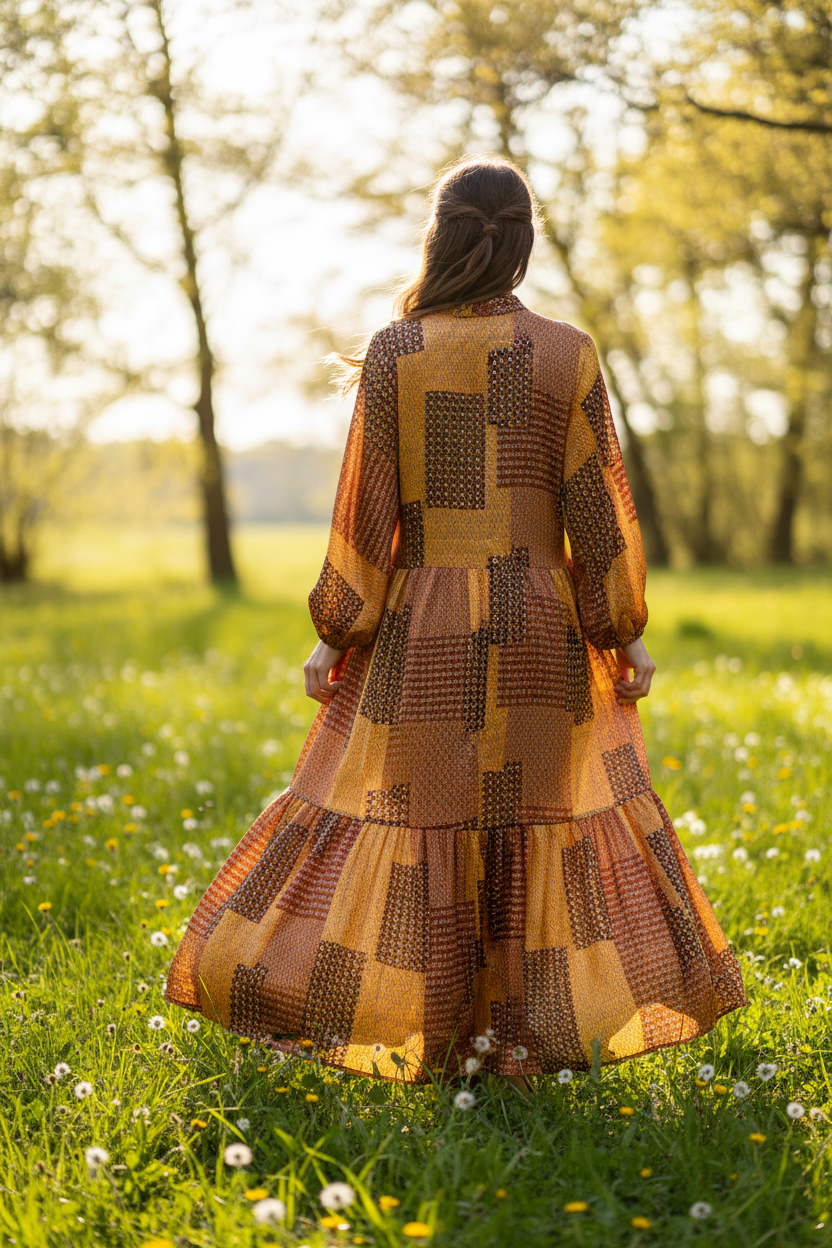 Flowy Dress Outdoors - Brown Mustard Dainty Floral Patchwork