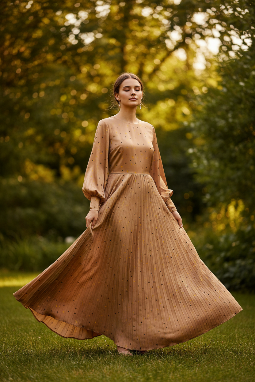 Flowing dress made from lightweight satin fabric with dainty hearts print in an outdoor setting