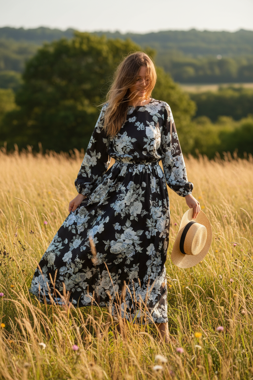Flowy Dress Outdoors - Black White and Gray Floral