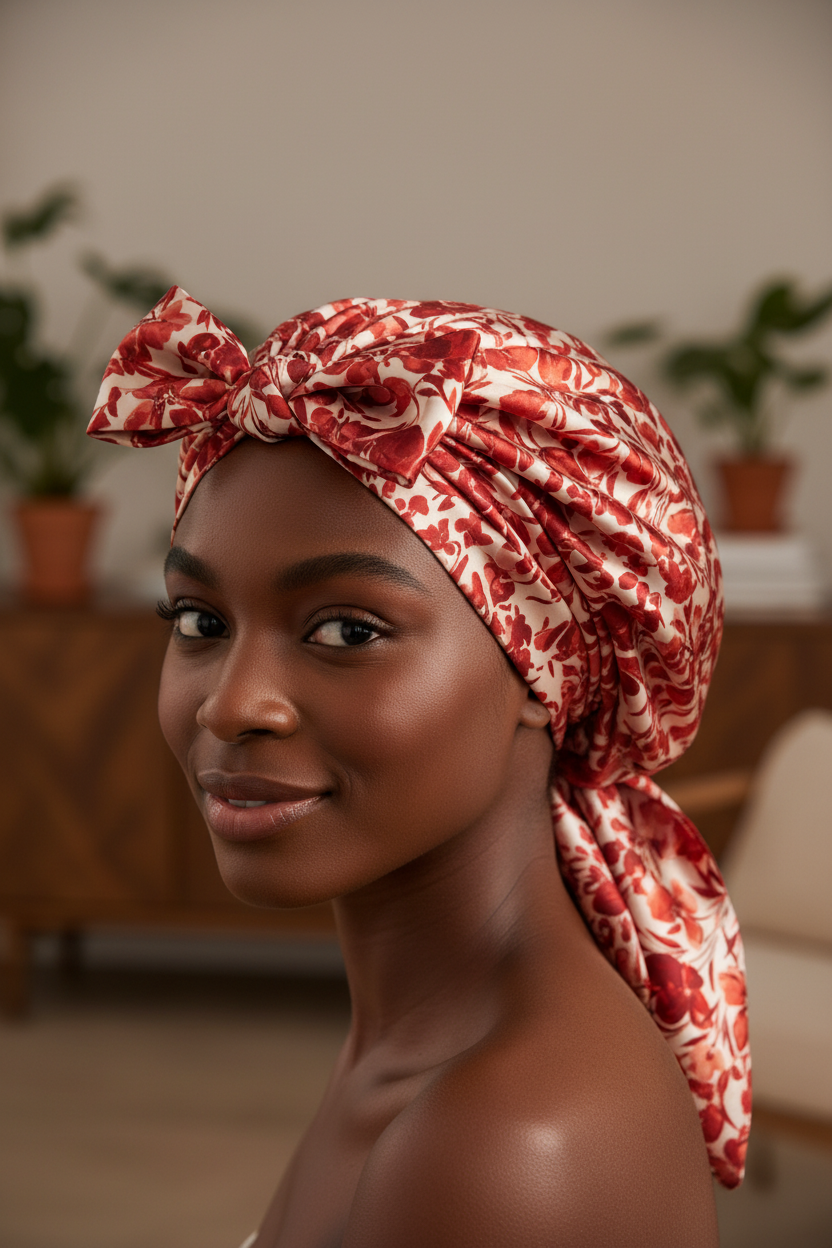 Young African American woman wearing a satin hair bonnet made from red and off-white floral charmeuse satin fabric