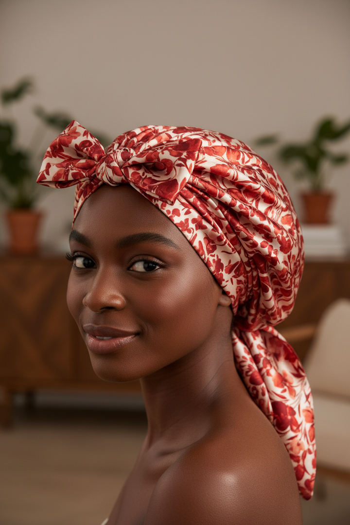 Young African American woman wearing a satin hair bonnet made from red and off-white floral charmeuse satin fabric