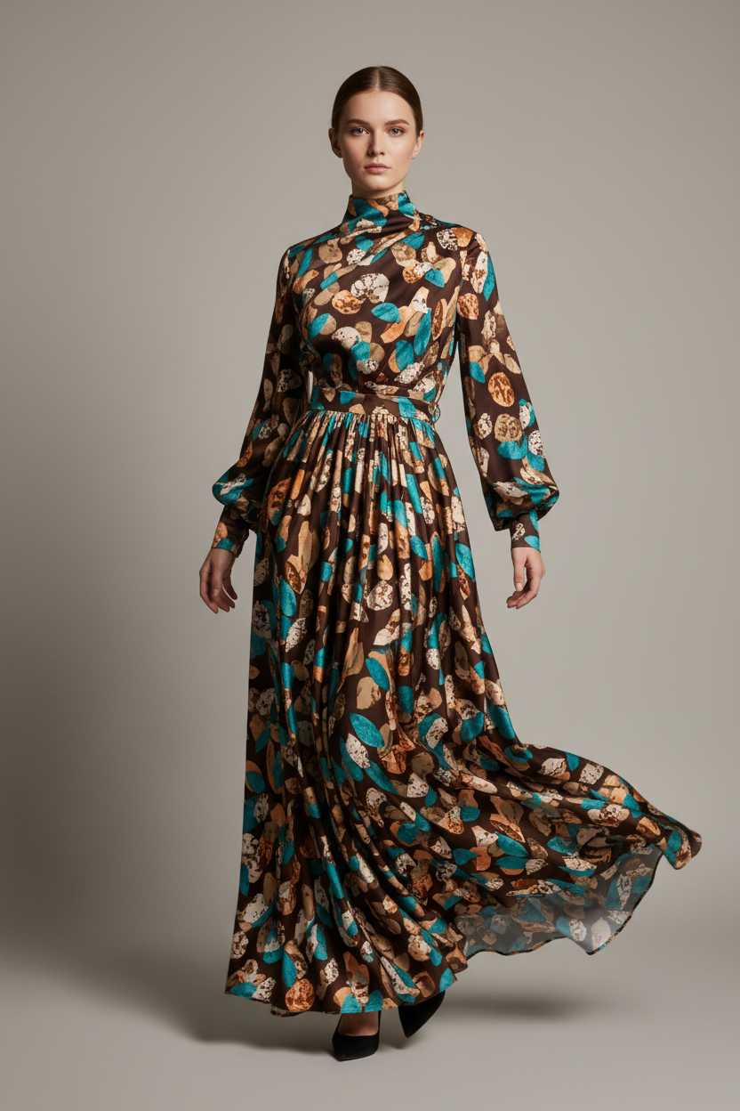 Flowy dress made with lightweight satin fabric - brown multi color dots print in teal and mocha