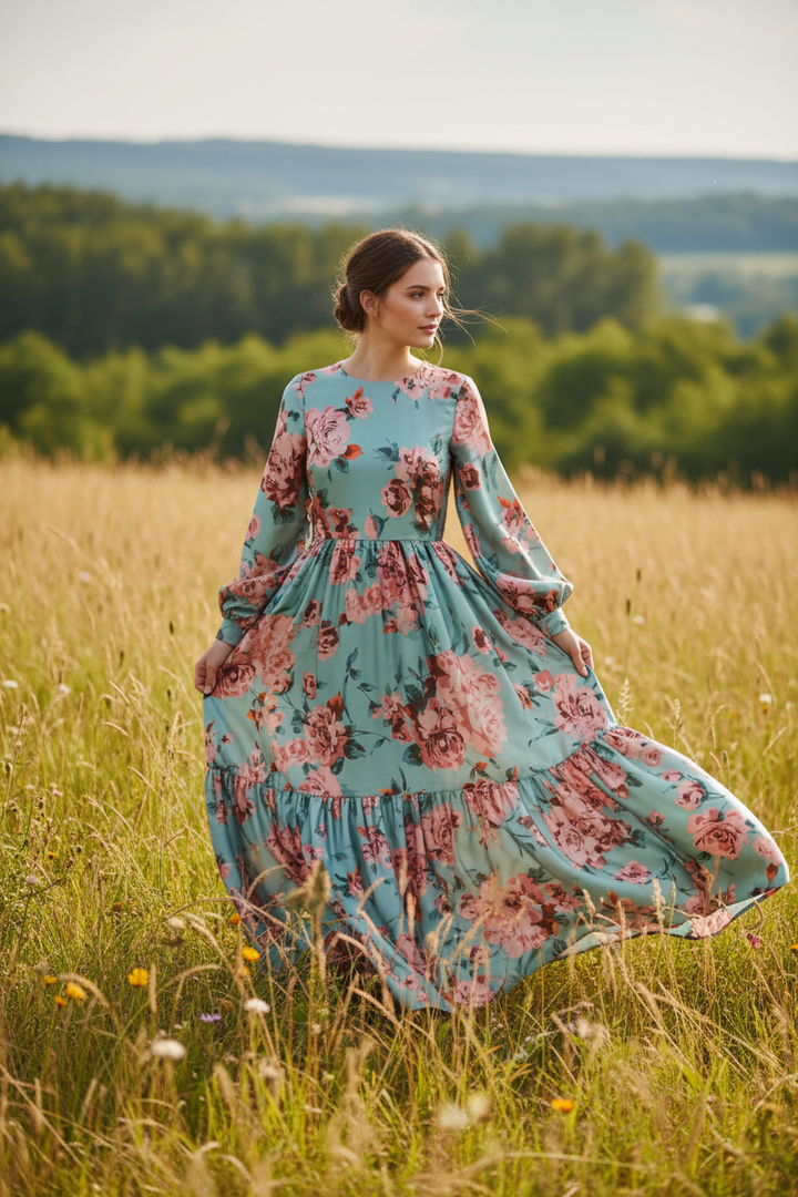 Flowy Dress Outdoors - Aqua and Coral Floral