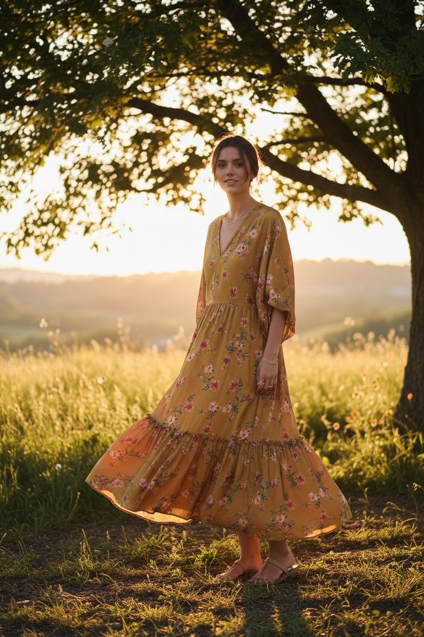 Flowy Dress Outdoors - Bronzed Mustard Floral