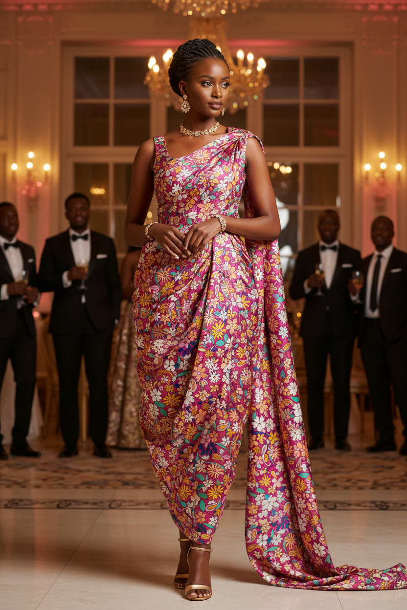 African model wearing a Rwandan Mushanana dress in pink paisley floral charmeuse satin