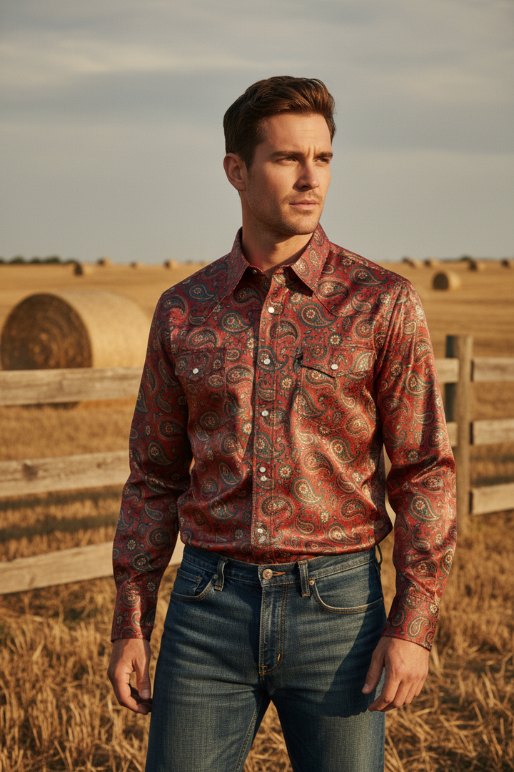 Male model wearing Wrangler-style western shirt in boho paisley satin fabric, farm setting