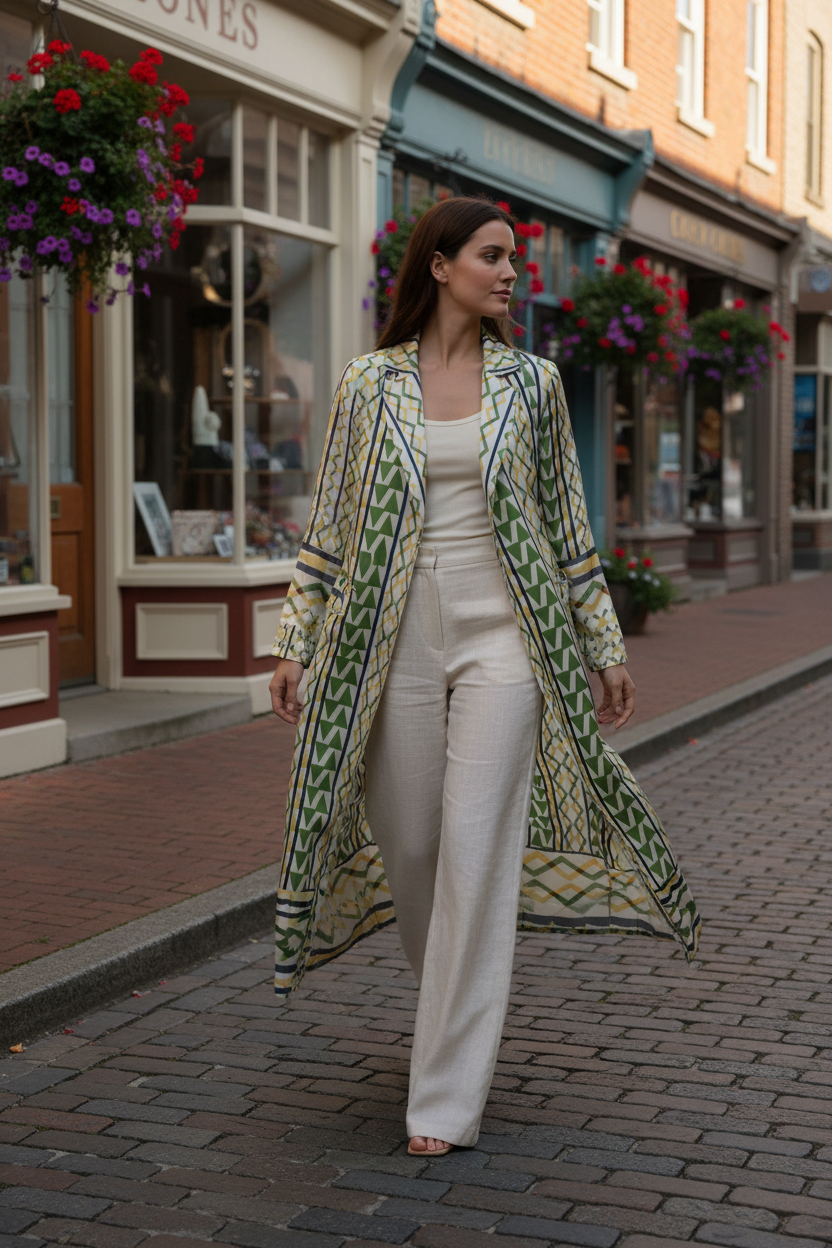 Duster wrap coat in green geometric double border satin fabric, model walking on small town street in off-white outfit