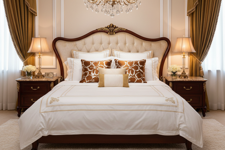 Luxurious fancy bedroom with floral two-toned print faux silk charmeuse satin pillowcases on an elegant bed