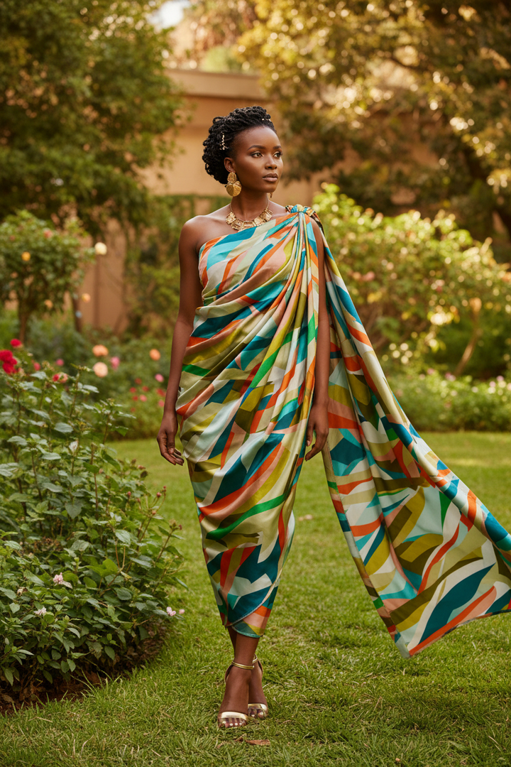 African model wearing a Rwandan Mushanana dress in colorful geometric print faux silk charmeuse satin in an outdoor setting