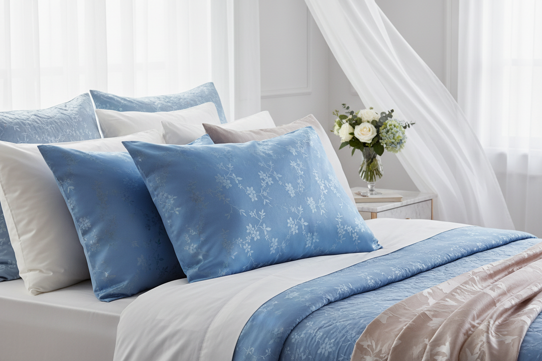 Luxury pillowcases styled on a soft opulent feminine bedroom