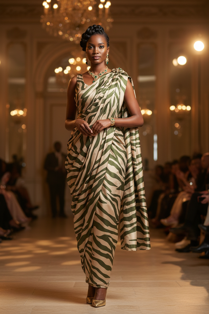 African model wearing a Rwandan Mushanana dress in animal print faux silk charmeuse satin