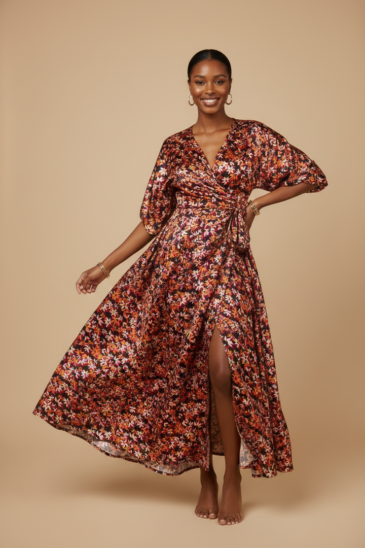 Young African American woman wearing an African-style wrap dress made from black and orange nature floral charmeuse satin fabric