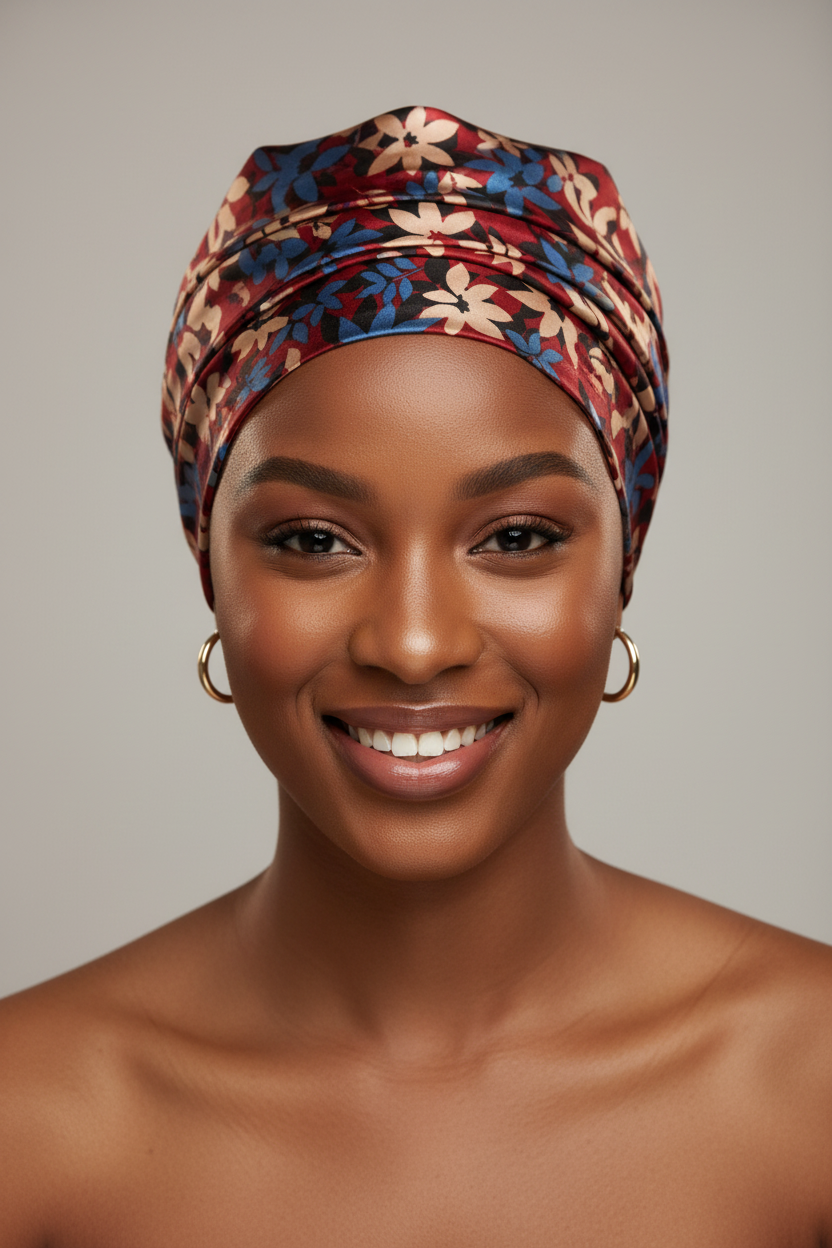 Young African woman wearing a duku head wrap made from burgundy and blue nature floral charmeuse satin fabric