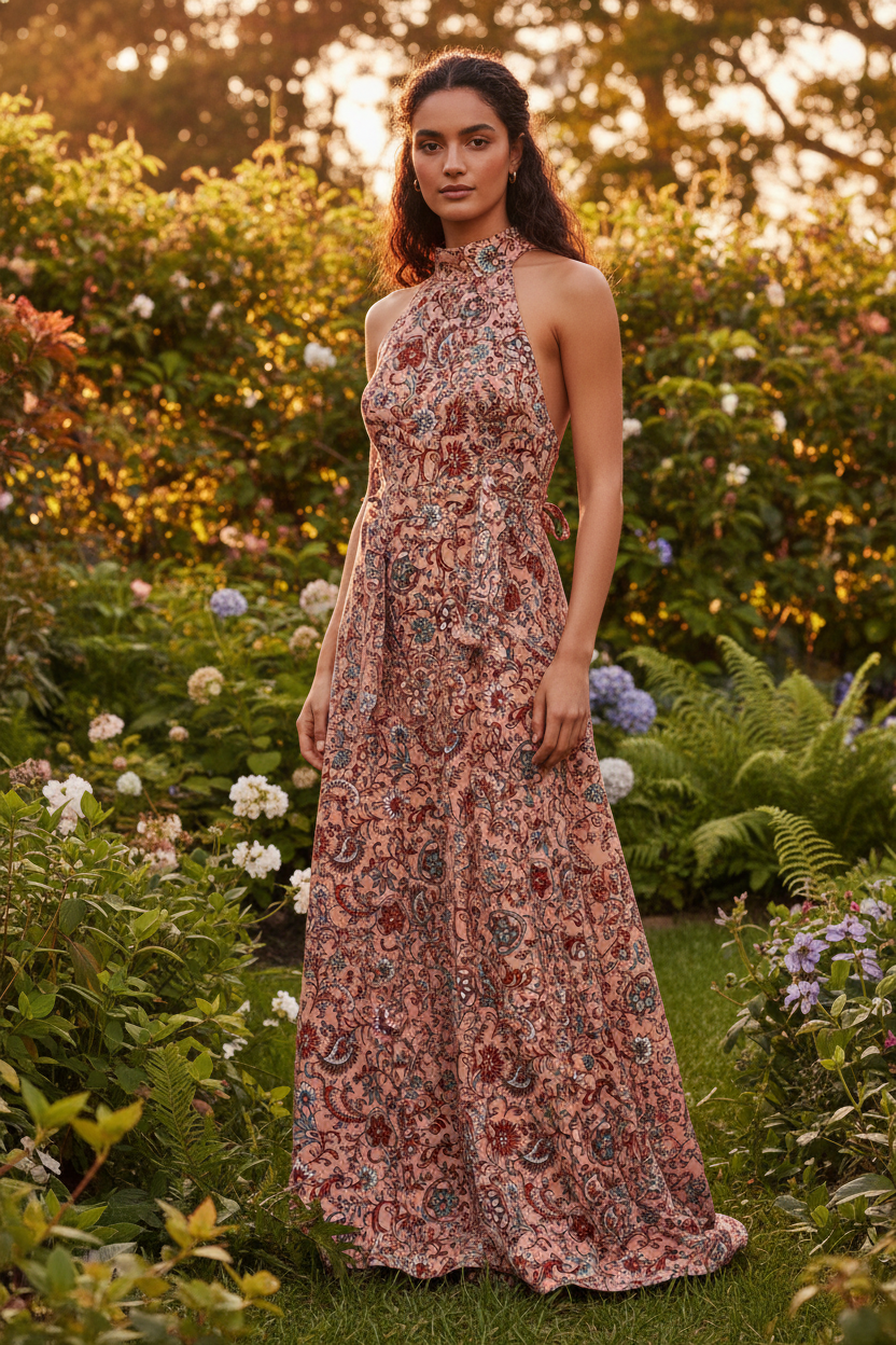 Halter dress made from light coral brick paisley bohemian georgette fabric, outdoor garden scene