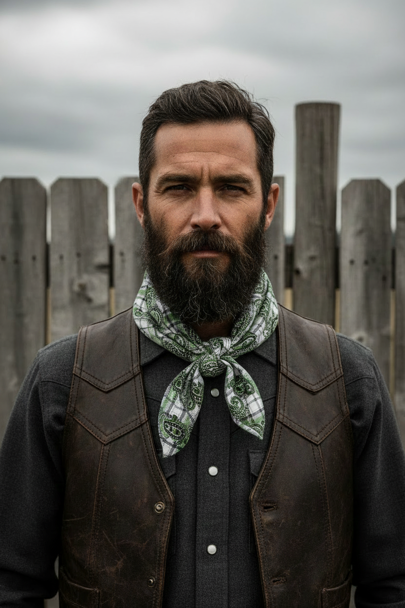 Male cowboy wearing wild rag in black and green paisley plaid charmeuse satin tied in square knot, outdoor western setting
