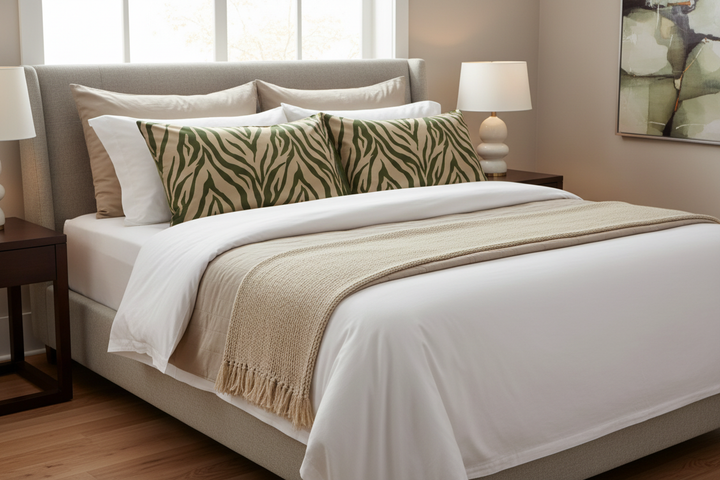 Modern bed with two matching animal print faux silk charmeuse satin pillowcases