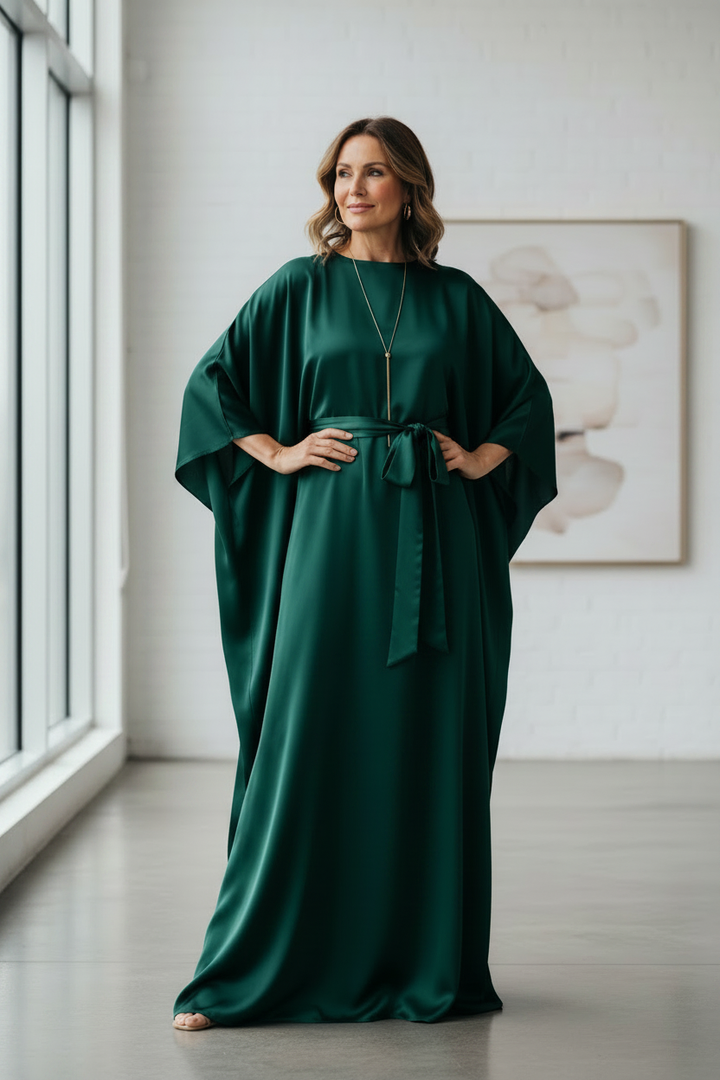 Middle-aged woman wearing a forest green satin kaftan robe with matching waist sash